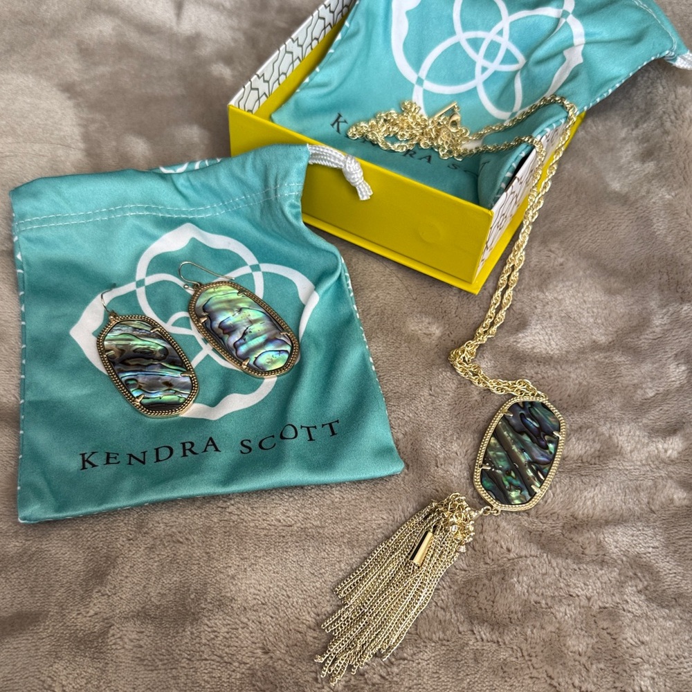 Kendra Scott Rayne Long necklace with matching earrings with gold